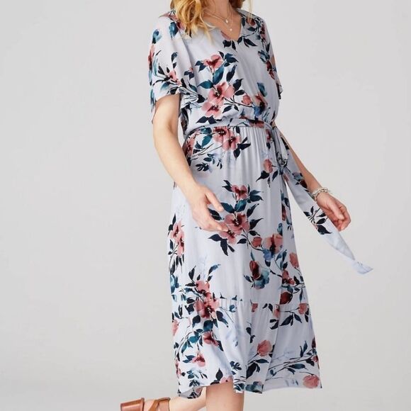 J.Jill Petite XSP Cornflower Blue Floral Ruffle Hem Crepe Fit & Flare Midi Dress - Picture 2 of 12